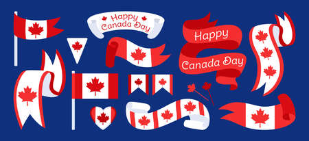 Ribbon and flag Happy Canada Day flat set. Strip tape with maple leaf, patriotism heart, label, pennant garland. Canadian patriot red white design celebration kit. National vector illustrationのイラスト素材
