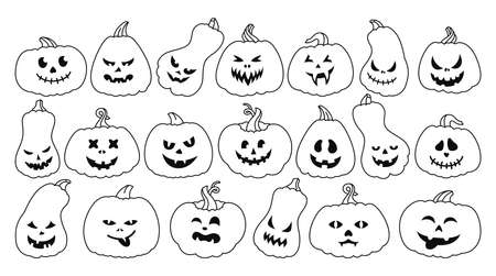 Halloween Pumpkin face cartoon contour set. Line pumpkins with scared and smiley faces, creepy grin, symbol holiday Happy Halloween. Cute and funny muzzle. Scary spooky devils eyes Isolated vectorのイラスト素材