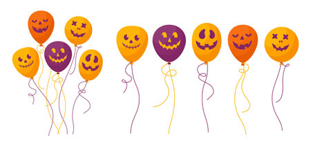 Balloon Halloween cartoon set. Bunch glossy helium air balloons with spooky, scary, funny faces flat party collection. Happy Halloween holiday surprise orange, yellow, purple, decoration vectorのイラスト素材