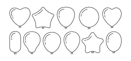 Balloon birthday black line cartoon set. Outline symbol glossy helium air balloons flat collection for party. Holiday anniversary surprise gift symbol round circle, heart shape. Vector illustrationのイラスト素材