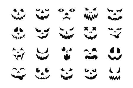 Face Halloween icon set. Black creepy smile, smiling mask, pumpkin grin. Cute and funny muzzle. Scary spooky devils eyes and smile, variety mouth and nose. Isolated vector illustration silhouetteのイラスト素材