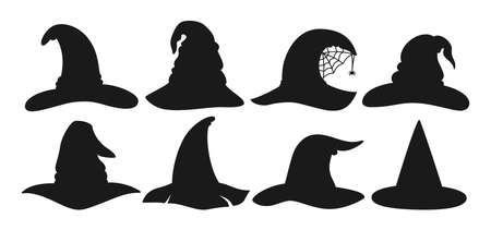 Witch hat Halloween black silhouette set. Party magic hats, horror wizard headdress celebrate element. Scary cap with buckle. Design symbol costume element Halloween. Isolated vector illustrationのイラスト素材