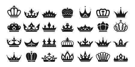 Royal crown sign heraldic silhouette black set. King crowns, majestic coronet and luxury tiara icon. Queens or princess jewelry hat insignia. Monochrome logo emblem vintage antique emperor symbolsのイラスト素材