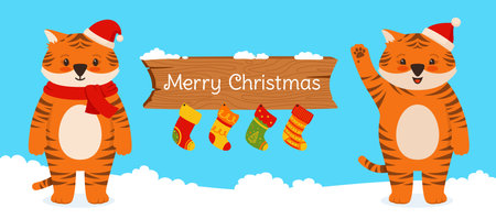 Christmas card with Tiger mascot new year. Animal tigers in Santa hat with socks for gifts cartoon...