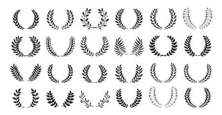 Laurel Wreath award or heraldry silhouette set. Circular laurel foliate wreaths award, achievement. High quality symbol emblem branches olive plant collection. Logo nobility emblem vector illustrationのイラスト素材