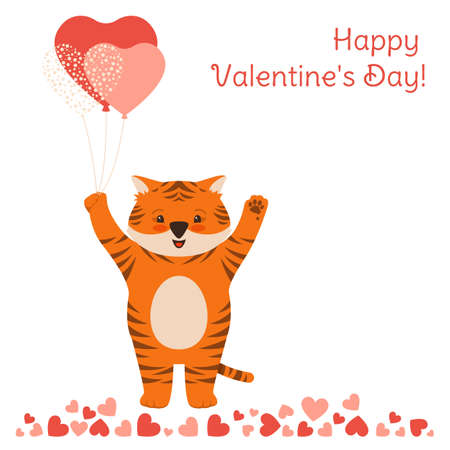Happy Valentines Day card with Tiger and air balloon. Animal tiger with surprise cartoon flat poster background. Banner comic love cute stripe big cat, romantic clipart vectorのイラスト素材