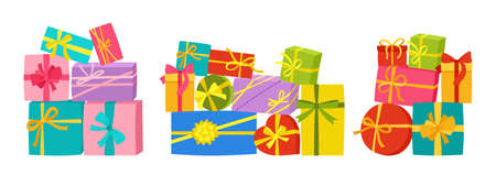 Gift Box pile with Ribbon, birthday cartoon flat set. Giveaway present mountain, Holiday anniversary surprise stack gift symbol different shape. Sale, shopping for Birthday Party, Christmas or weddingのイラスト素材