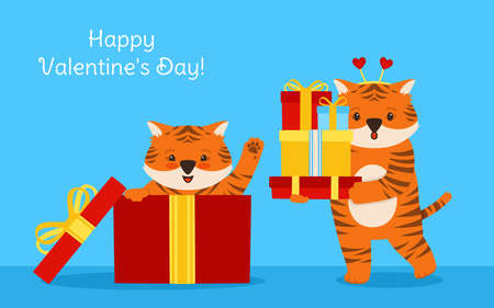 Happy Valentines Day card with Tiger and Gift Box. Animal tiger with surprise cartoon flat poster background. Banner comic love cute stripe big cat, romantic clipart vectorのイラスト素材