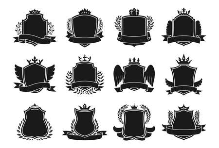 Coat of arms Heraldic emblem icon set. Blazon different crown shield, ribbon, wing and laurel wreath for coat of arms. Vintage decorative royal knight shields or emblems luxury vectorのイラスト素材