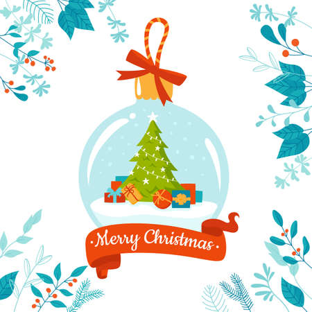Christmas ball with red ribbon, tree and gifts inside. Magic transparent glass xmas snowball. New year card glossy globe translucent winter snow. Cartoon childish poster, calendar greetingのイラスト素材