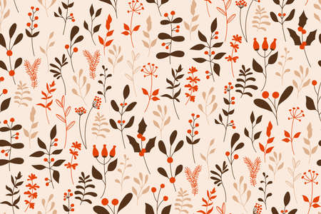Christmas vintage seamless pattern, winter holly berries and mistletoe. New Year xmas doodle vintage illustration for textile print, wallpaper, fills, fabric, greeting card, wrapping paper vectorのイラスト素材