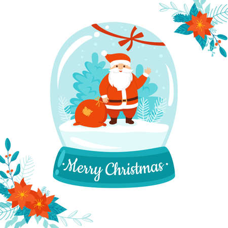 Christmas snow globe with Santa Claus. Snowball New year and xmas glass globe with winter snow card. Holiday magic round glossy ball and red ribbon cartoon design. Childish poster, calendar greetingのイラスト素材