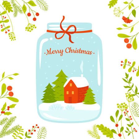 Glass jar with house and tree inside Christmas card. New year and xmas globe with winter snow. Holiday celebrate magic glossy bank, cartoon magic design. Festive poster for website, greeting cardのイラスト素材