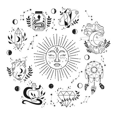 Mystic and astrology, witch magic occult symbols around sun. Esoteric doodle boho hand drawn elements, magic witchcraft crystal, moon and star icon. For tattoo print fantasy magician sign vectorのイラスト素材