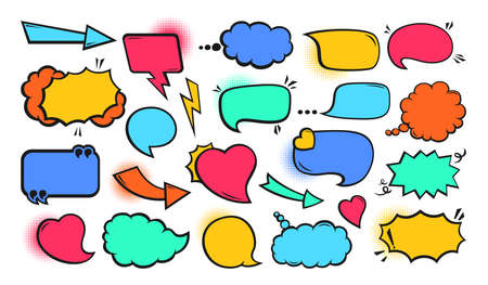 Speech bubble comic pop art set. Retro colorful empty design elements dialog clouds, halftone dot background. Speech thought blobs comics book, vintage banner. Cartoon 80s-90s bright vectorのイラスト素材