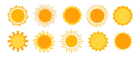 Sun simple yellow set. Solar summer shine symbol collection. Suns with sunbeams. Abstract sunny simple comic clipart holiday design for children. Isolated vector illustrationのイラスト素材
