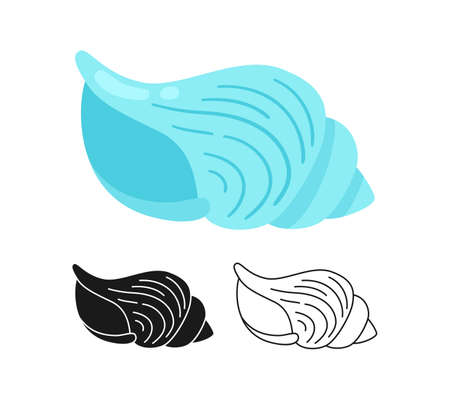 Seashell marine ocean sign cartoon or stamp, doodle outline set. Spiral shells mollusk, conch sink. Tropical under water design elements contour symbol collection. Isolated vector illustrationのイラスト素材