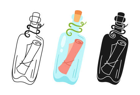 Sea message cartoon hand drawn or stamp, doodle outline set. Icon ocean marine letter in glass bottle. Travel water design elements symbol scroll sos. Isolated vector illustrationのイラスト素材