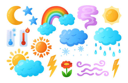 Weather cartoon gradient set. Sun and clouds, rain or snow, lightning, moon and star, thermometer. Graphic hand drawn climate meteorological infographic sign. Funny childish nature weather collectionのイラスト素材