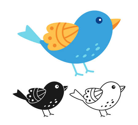 Bird sparrow with cartoon or stamp, doodle outline set. Modern trendy happy character comic stencil birds. Hand drawn flat abstract fun press. Drawing vector illustrationのイラスト素材
