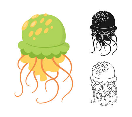 Jellyfish marine cartoon or stamp, doodle outline symbol set. Ocean undersea jelly medusa stencil printing, contour. Tropical under water sea design elements. Vector illustrationのイラスト素材