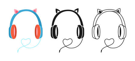Headphone headset comic icon, cartoon hand drawn or stamp, doodle line set. Simple earphone sign call center, operator. Listen stereo music device symbol. Vector design for web design, mobile appのイラスト素材