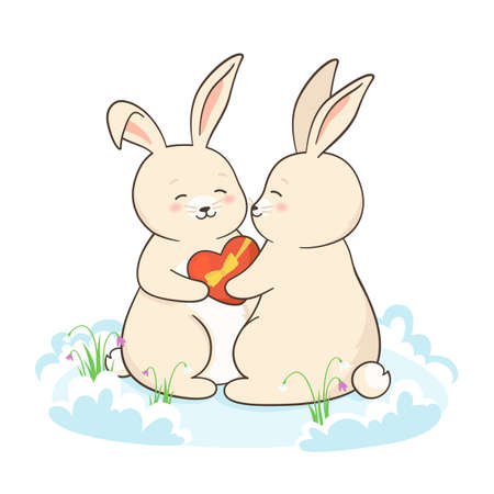 Rabbit giving gift box Valentine day cartoon poster. Romantic surprised bunny or cute hare draw character mascot. Vector design love festive illustration, template postcard or childish banner, cardのイラスト素材