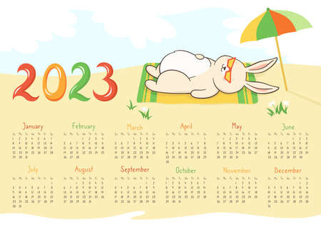 Calendar 2023 with rabbit, planner 12 month organizer. Bunny lying on beach under umbrella. Childish character mascot symbol year. Flat cartoon template, cute hare greeting vector outline designのイラスト素材