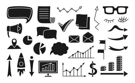 Social media, graph and chart symbols drawn doodle glyph set. Comic stamp stencil, print school and study, memo diary notebook element. Business, study, creativity, internet silhouette work printingのイラスト素材