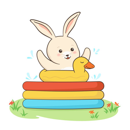 Rabbit swim in swimming pool summer poster. Bunny childish water activities, relaxing bathes with inflatable duck. Hare mascot symbol year. Hello summer swimmer outdoor activity cartoon vectorのイラスト素材