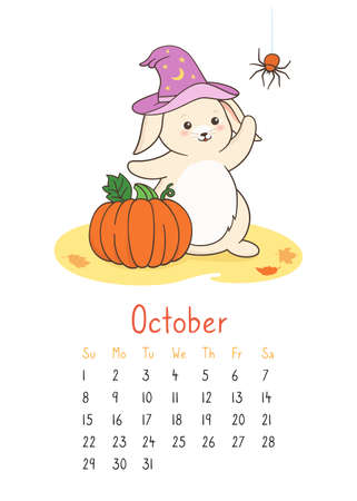 Calendar 2023 with rabbit, page october planner organizer. Bunny with witch hat and pumpkin, cartoon spider, Happy Halloween festival postcard. Hare mascot symbol year. Cartoon vector templateのイラスト素材