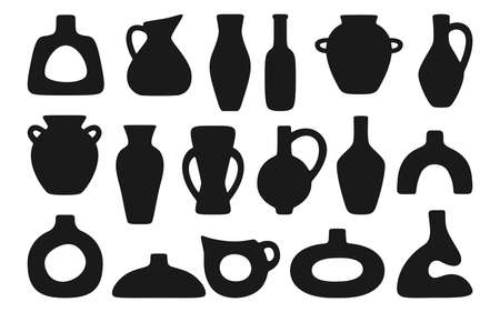 Ceramic pot vase jug or shape jar bottles silhouette set. Cozy home decor handmade boho pottery black form. Antique vintage various vases. Trendy art hand drawn concept vector illustration isolatedのイラスト素材