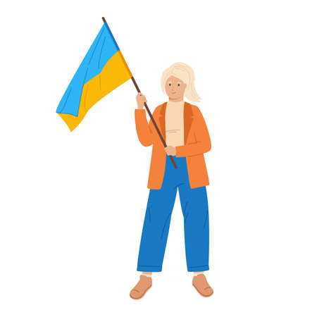 Stop war in Ukraine rally. Young woman hold Ukrainian flag. Female character take part political meeting. Protest, parade against warfare manifestation. Flat design illustrationのイラスト素材