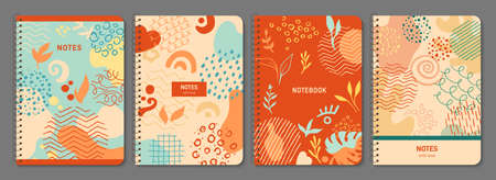 Trendy cover and abstract shape set. Botanical floral design element for notebook planner, brochure, book, catalog collection. Decorative page background organic form exotic, hand drawn vectorのイラスト素材