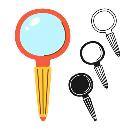 Magnifying glass zoom icon cartoon drawn or stamp, doodle line set. Search magnify simple flat symbol. Business analytic focus loupe sign. Vector design for mobile apps, web and print mediaのイラスト素材