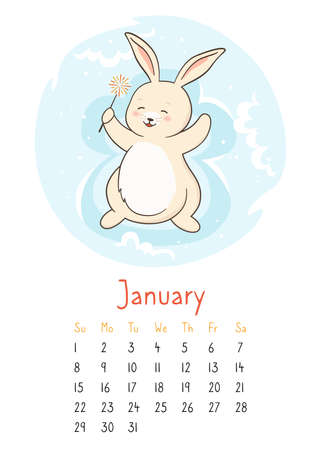 Calendar 2023 with rabbit, january page planner organizer. Bunny snow angel. Childish character mascot symbol xmas new year. Flat cartoon drawing template, joyful hare pet month poster vectorのイラスト素材