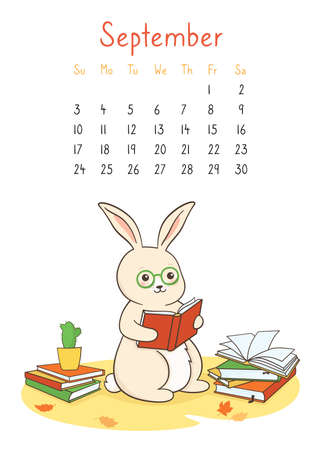 Calendar 2023 with rabbit, page september planner organizer. Bunny childish learn, educational concept hello school. Hare reader books literature fan, mascot symbol year. Flat cartoon template monthのイラスト素材