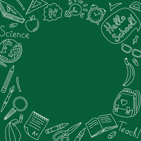 Back to School doodle line banner template blackboard. Learning school objects chalkboard. Education concept circular background for student, backpack, light bulb, alarm clock, globe, child vectorのイラスト素材