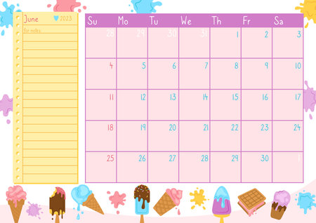 June page calendar template organizer 2023 year with ice cream. Event planner diary sweet summer memory scrapbook. Paper sticky trendy calendar notebook notes. Graphic notepad design redy printのイラスト素材