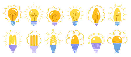 Light bulb simple cartoon set. Classic retro glass lamp with rays shine, ecology led line sign,...