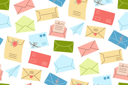 Mail envelope postcard seamless pattern. Handmade, scrapbook craft endless paper print letter, cards wallpaper. Letters post and mail service cartoon vintage wrapper, romantic backgroundのイラスト素材