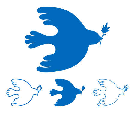 Peace symbol dove silhouette stamp, doodle outline set. Freedom, Christian, humanity emblem peaceful no war concept. Bird dove with olive branch sign, flying pigeon icon.のイラスト素材