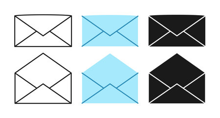 Email message envelope icon outline set. Mail sign, new message icon, letter mailing notification. Correspondence mailbox line simple graphic element. Receive or send sms post notice collection vectorのイラスト素材