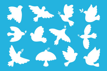 Peace symbol dove set. Flying bird dove with olive branch sign, peace and  pigeon icon. Freedom, humanity emblem peaceful and no war concept. Isolated silhouette simple  design elementsのイラスト素材