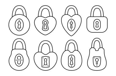 Lock icon contour set. Old padlock for safety and security protection line design element. Private access symbol locks for logo, game, web or app ui icon locking privacy or encryption vectorのイラスト素材