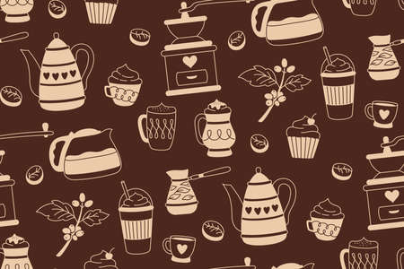 Coffee vintage seamless pattern. Cartoon cup drink, beans and cezve pot. Breakfast cappuccino espresso mug boundless ornament. Linear vector endless design paper scrapbook coffeehouse menuのイラスト素材