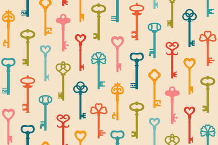 Key silhouette colorful seamless pattern. Retro private access symbol locking and encryption. Old keys boundless fabric or wallpaper vintage packaging. Vector simple repeat background scrapbookのイラスト素材