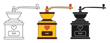 Coffee mill icon line set. Doodle cartoon style or stamp simple grinder sign, retro rustic kitchenware.のイラスト素材