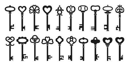 Key silhouette icon set. Old stamp keys for safety, security protection vintage, antique design element.のイラスト素材