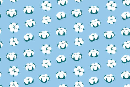Cotton flower cartoon seamless pattern. Botanical herb rustic trendy greenery boundless print. Natural blossom fluffy fiber boundless repeat ornament. Ripe cotton boll fiber bouquet scrapbook designのイラスト素材